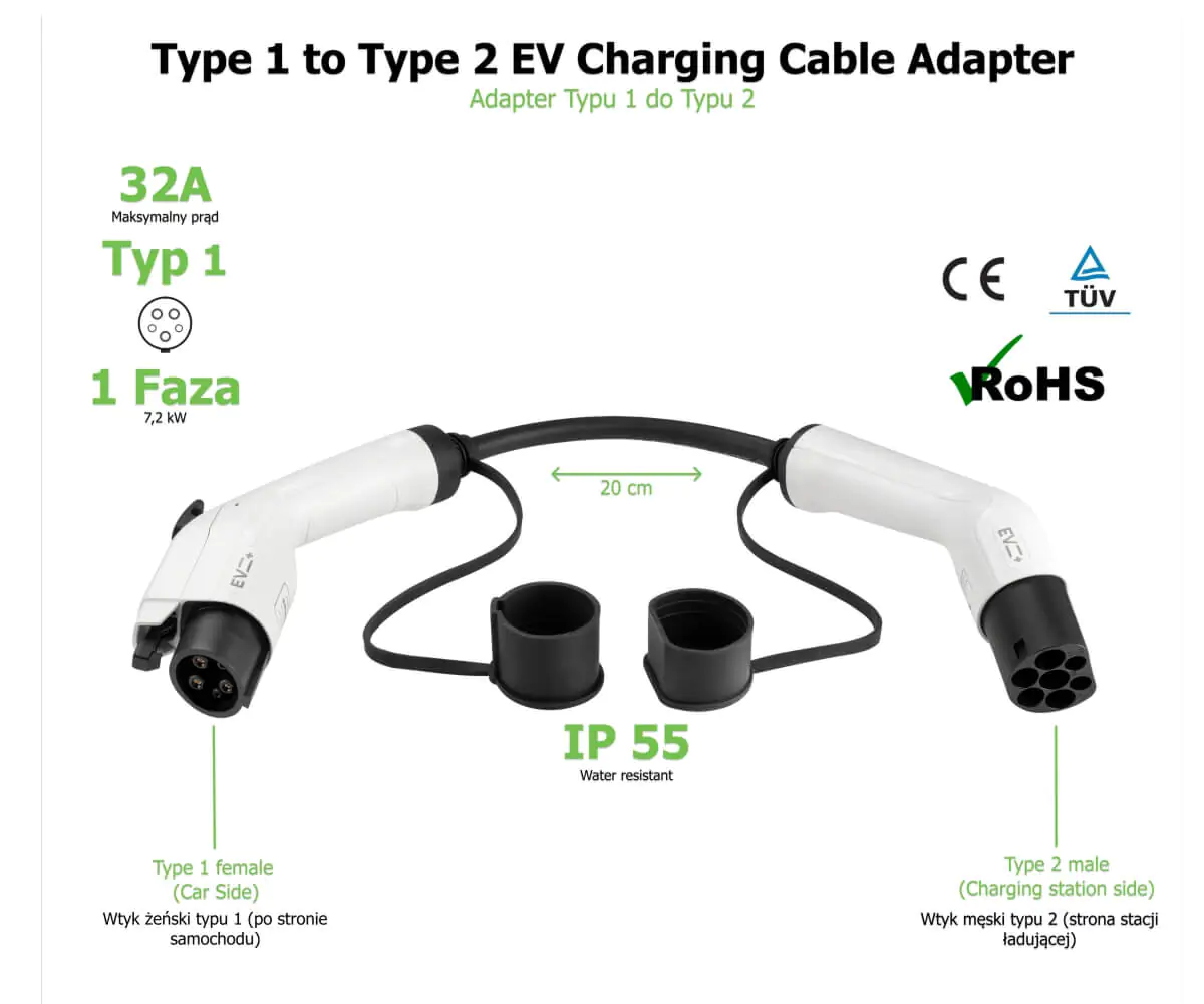 Adapter Kabla Ładowania Typ1(żeński) do Typ2(męski) | 7,2 kW - obrazek 2